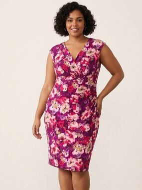 Lauren Ralph Lauren Floral Ruched Sheath Dress Pink Purple Jersey Size 16W
